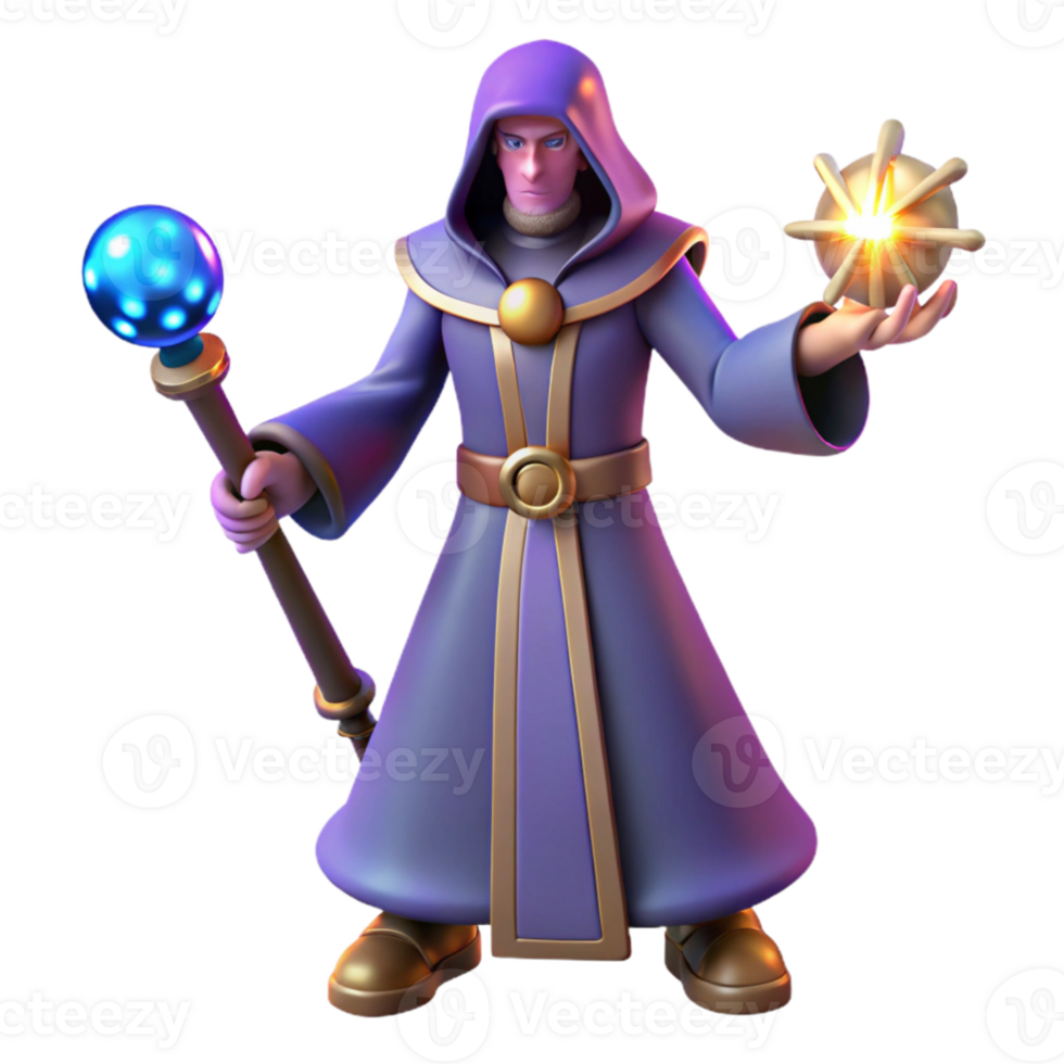 stunning minimalist 3D Render Wizard with Staff and Orb professional png