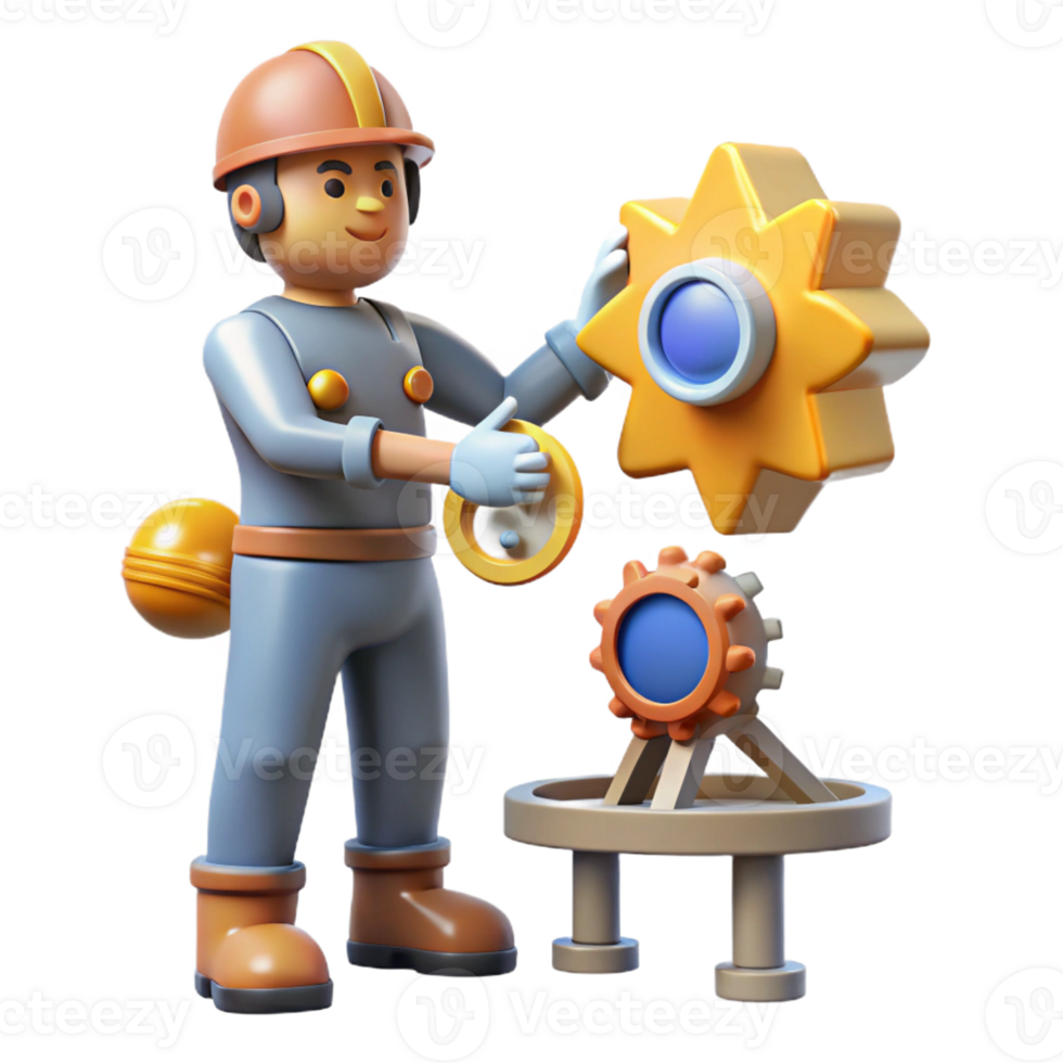 stunning rustic 3D Illustration Worker with Gears authentic png
