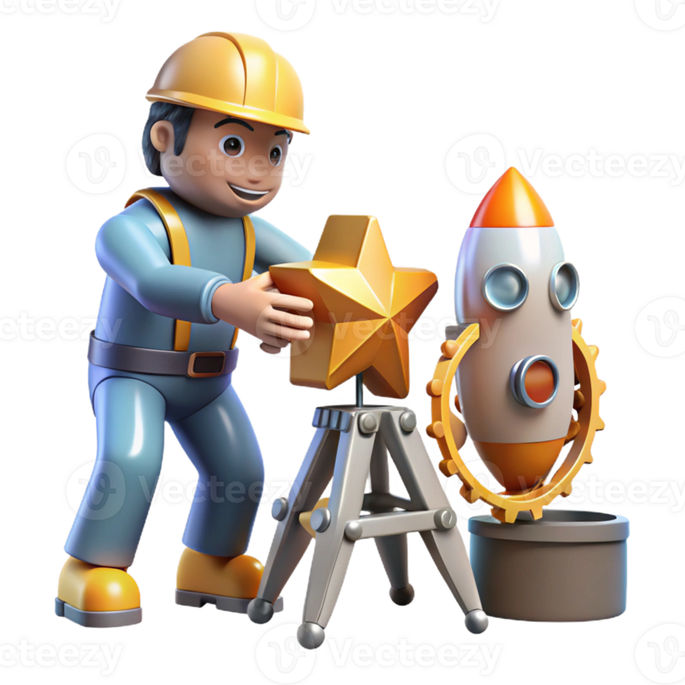 beautiful abstract 3D Illustration Worker Placing Star on Rocket Launchpad detailed png