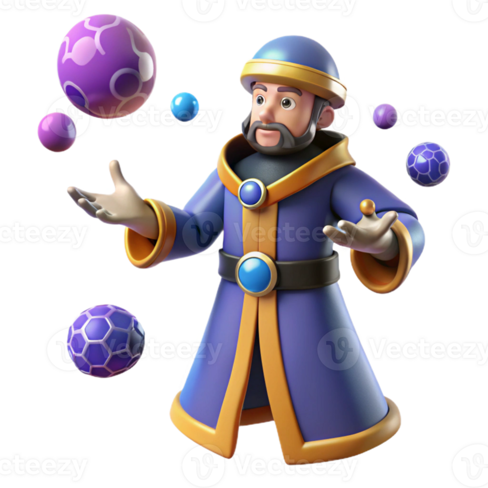vibrant vintage 3D Cartoon Wizard Juggling Colorful Spheres exclusive png