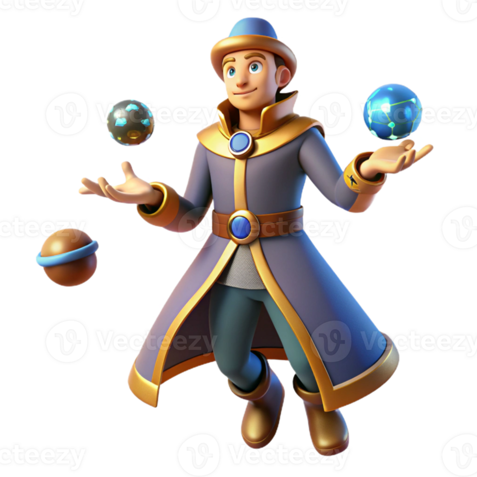 elegant minimalist 3D Cartoon Wizard Juggling Orbs authentic png