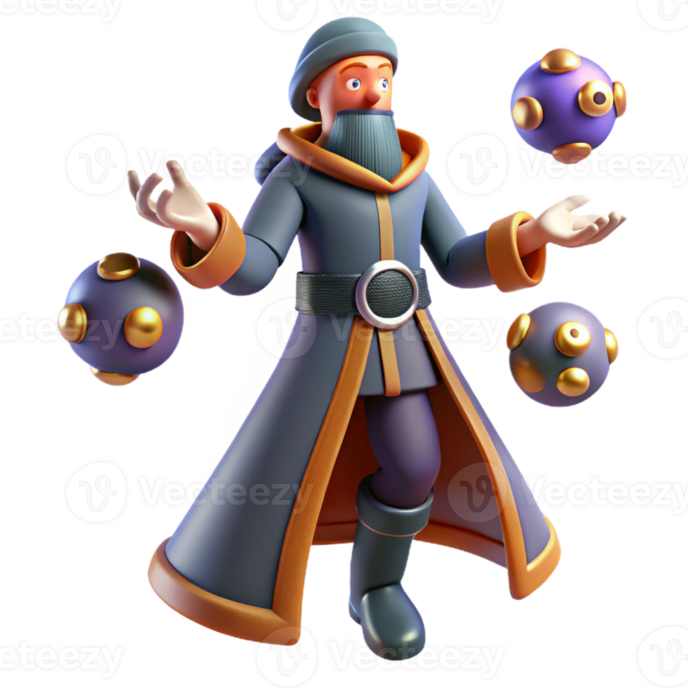 serene rustic 3D Cartoon Wizard Juggling Magic Orbs 4K png