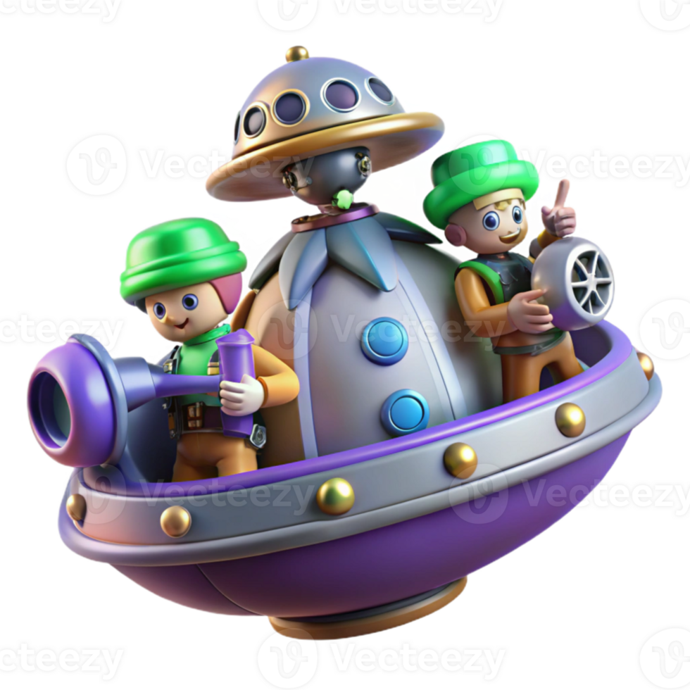elegant modern Playful 3D Render of Aliens in Flying Saucer high quality png