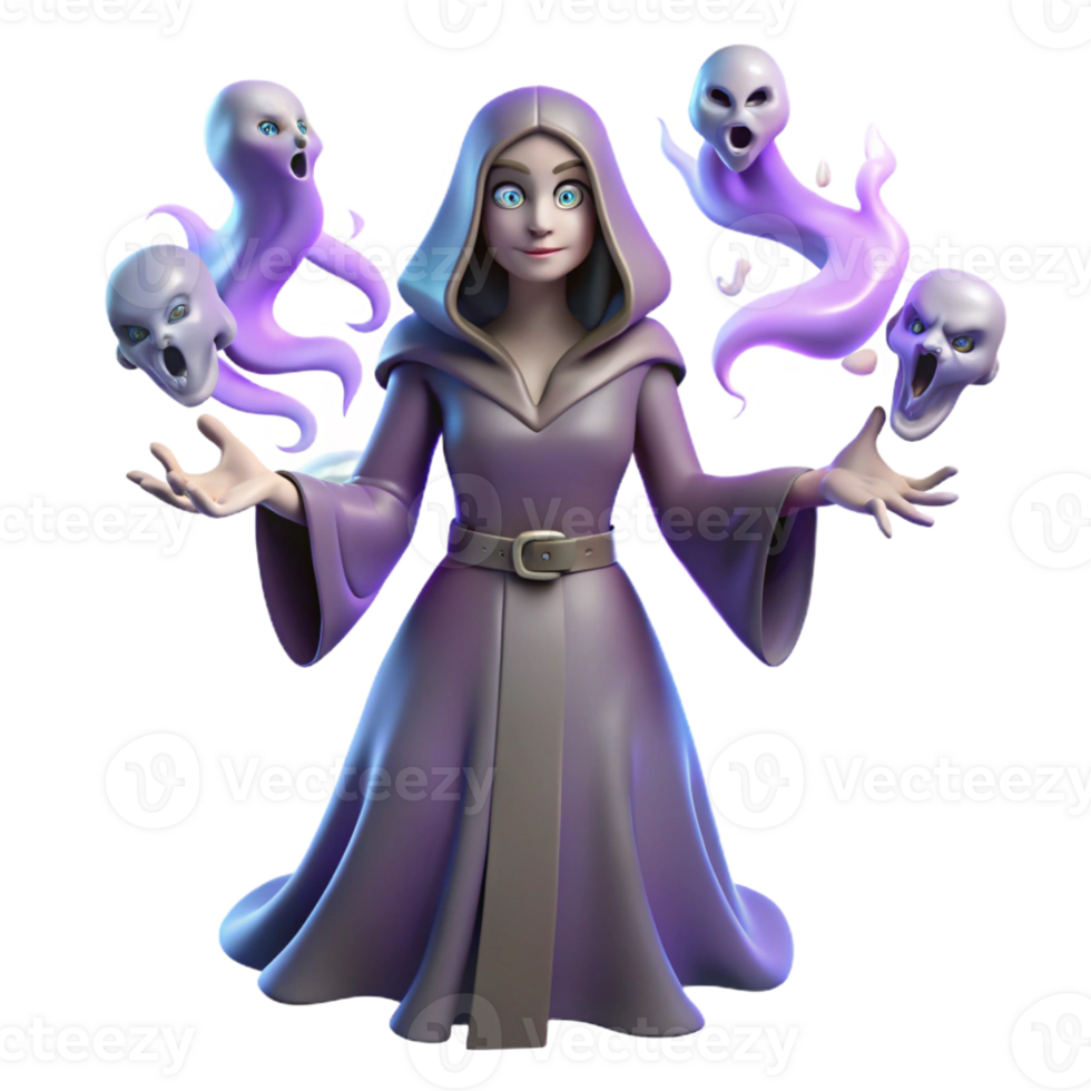 dramatic traditional 3D Render Young Witch with Ghosts 4K png
