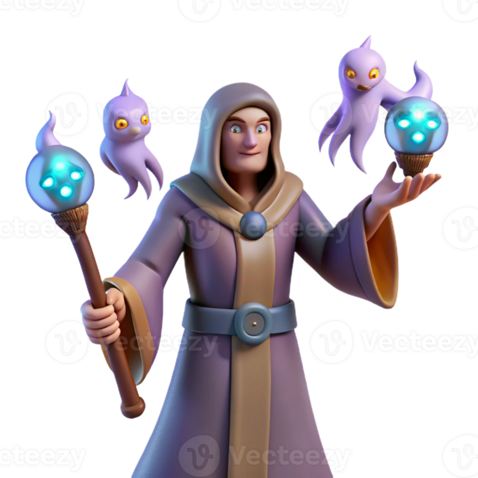 impressive creative Wizard with Magic Staff and Spirits 3D Render detailed png