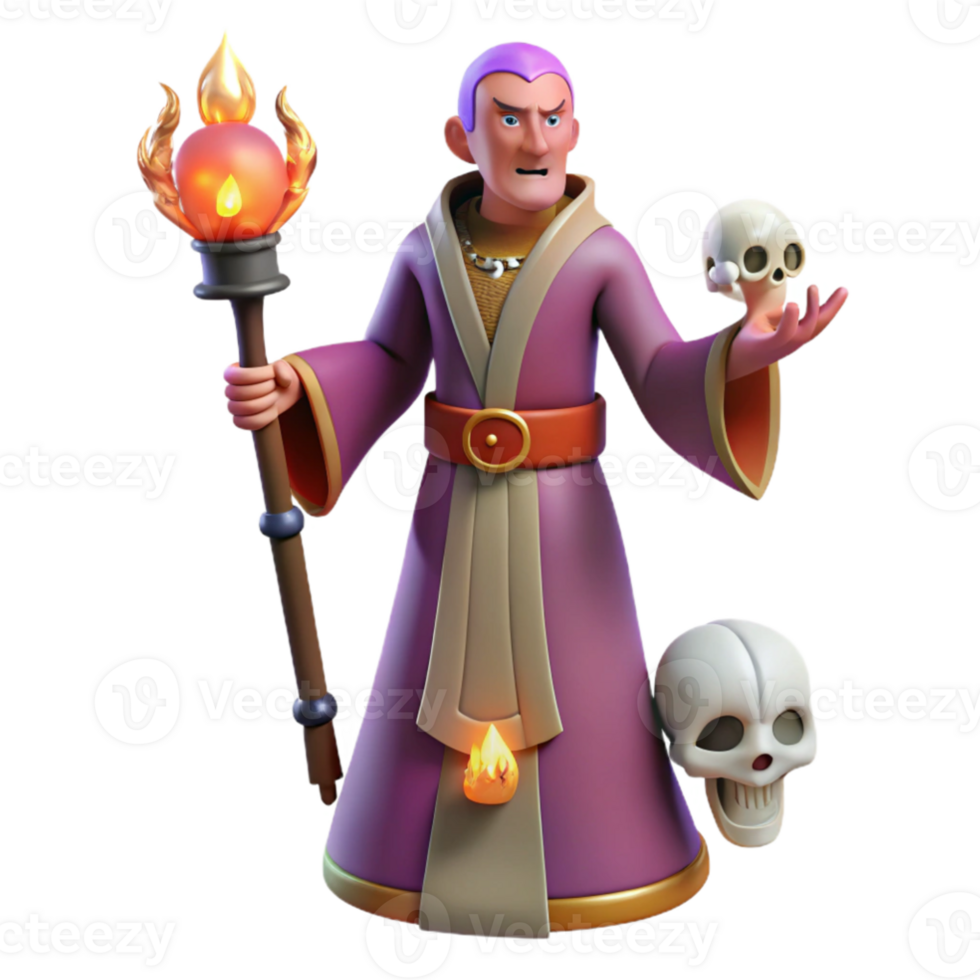 vibrant contemporary 3D Cartoon Wizard with Staff and Skulls authentic png