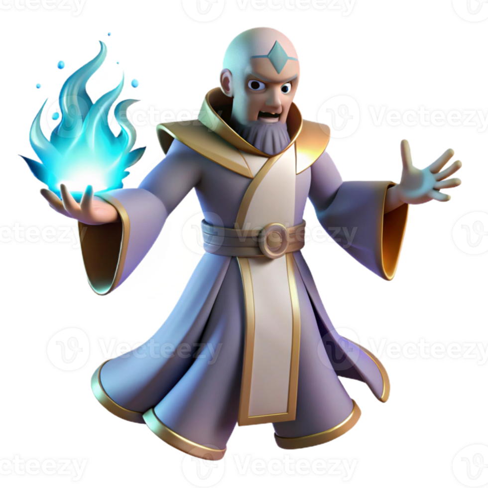 extraordinary vintage 3D Render Wizard Casting Blue Flame Spell professional png