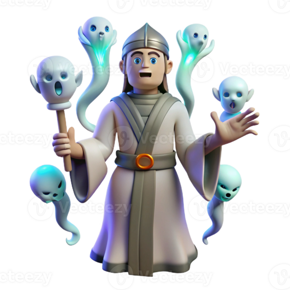 serene creative 3D Illustration Wizard with Ghosts exclusive png