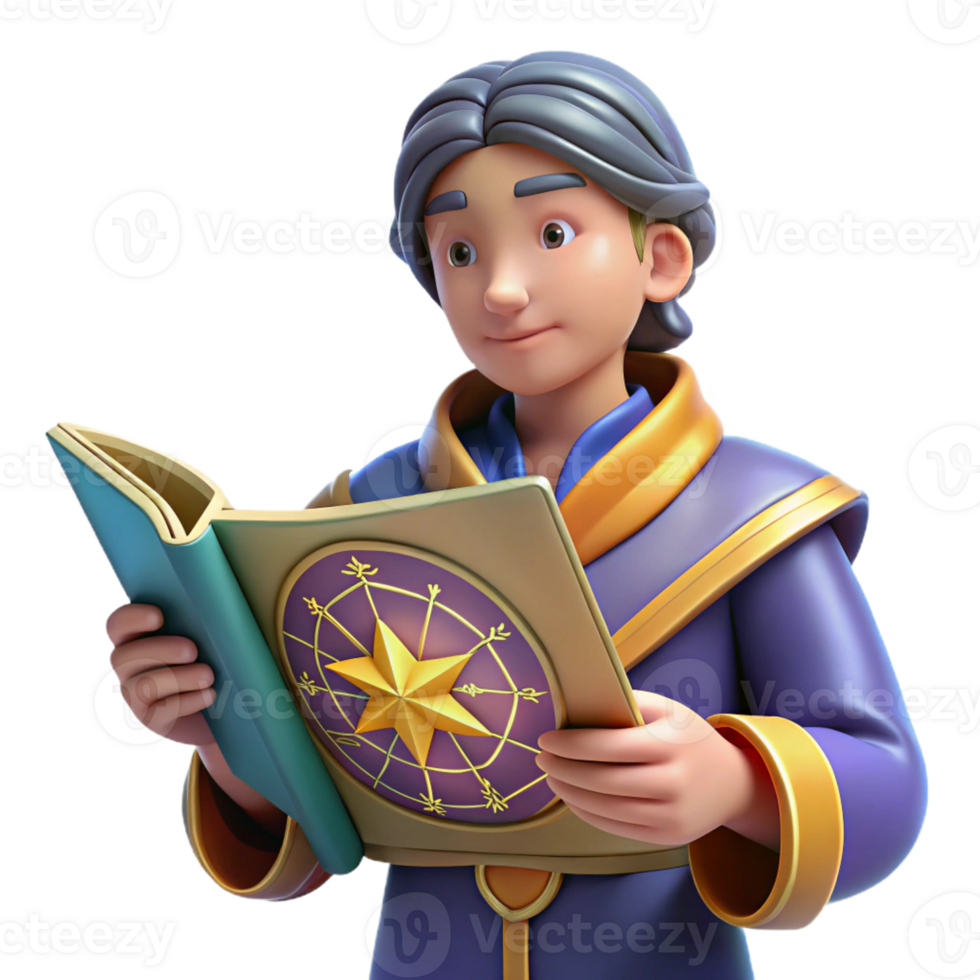 beautiful minimalist 3D Cartoon Wizard Reading Book 4K png