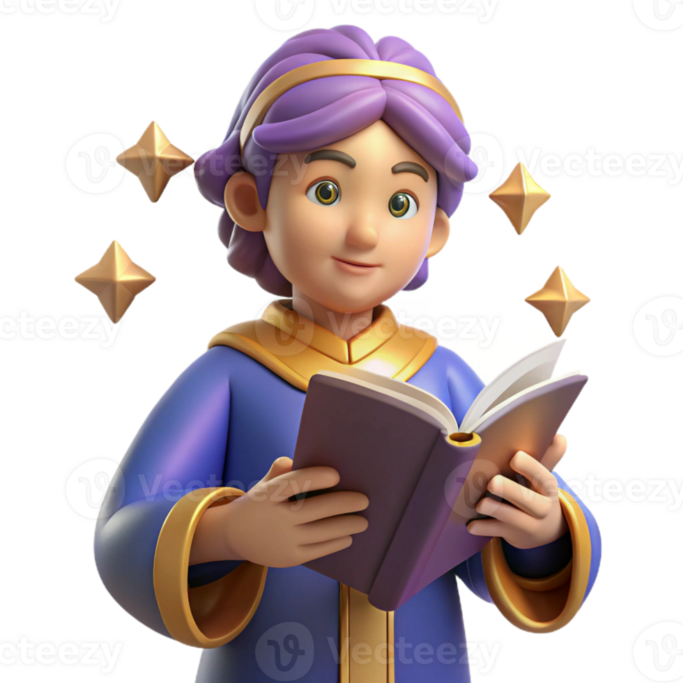 vibrant contemporary 3D Render Young Reader Purple Robe Book premium png