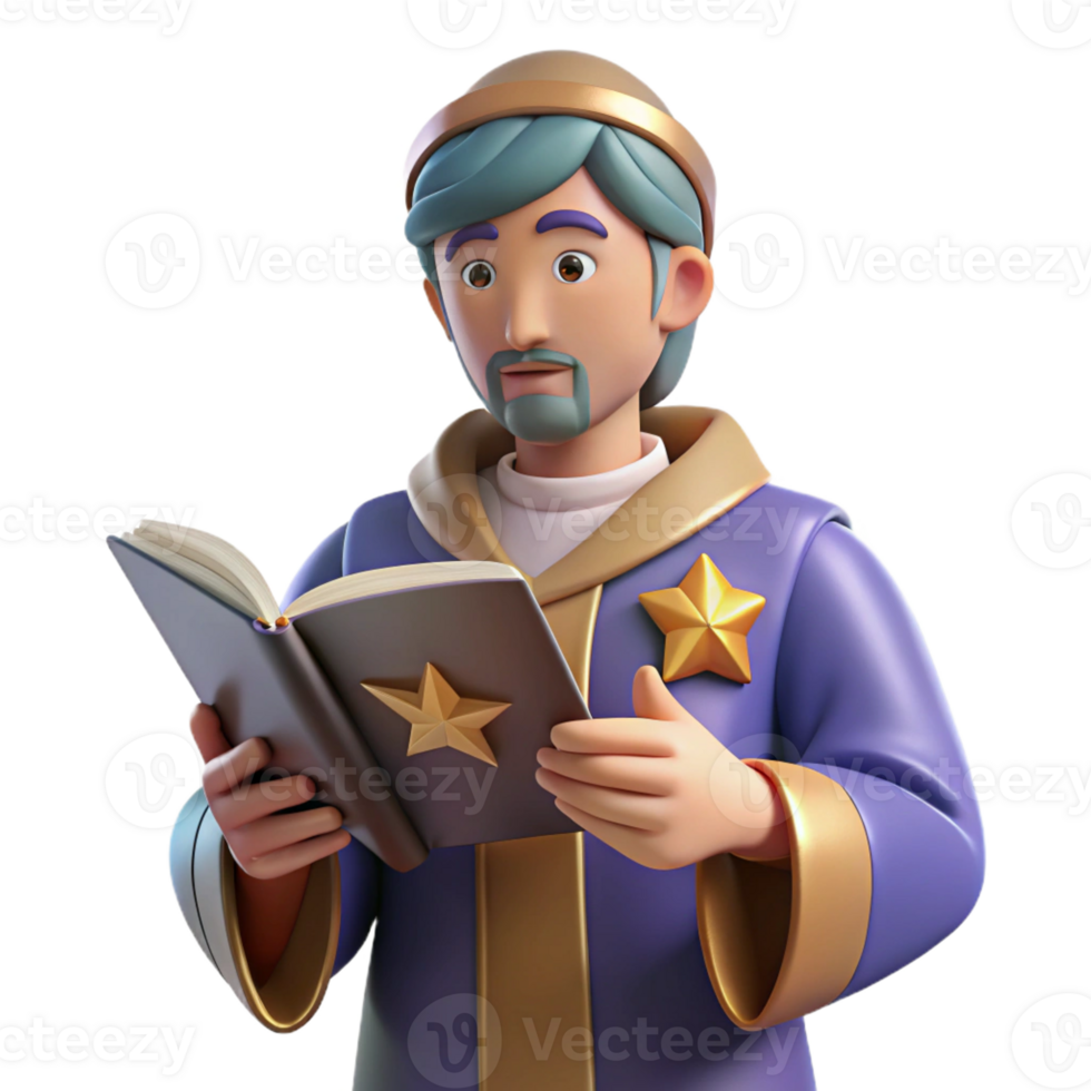 vibrant rustic 3D Render of Wise Mage Reading Book original png