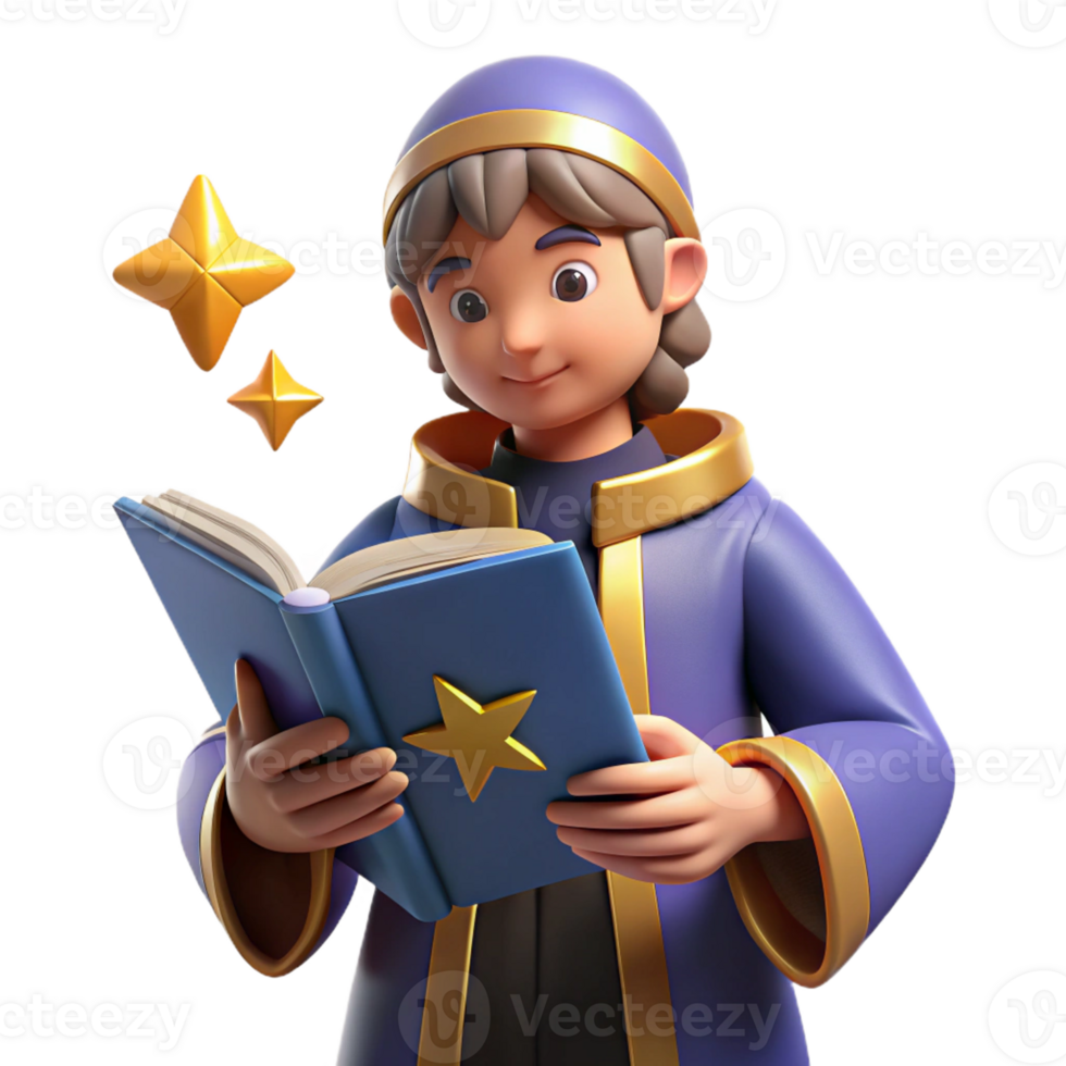 beautiful contemporary 3D Cartoon Wizard Reading Book 4K png