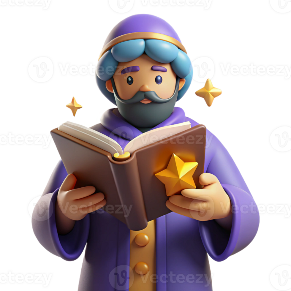 beautiful traditional 3D Cartoon Wizard Reading Book Illustration premium png