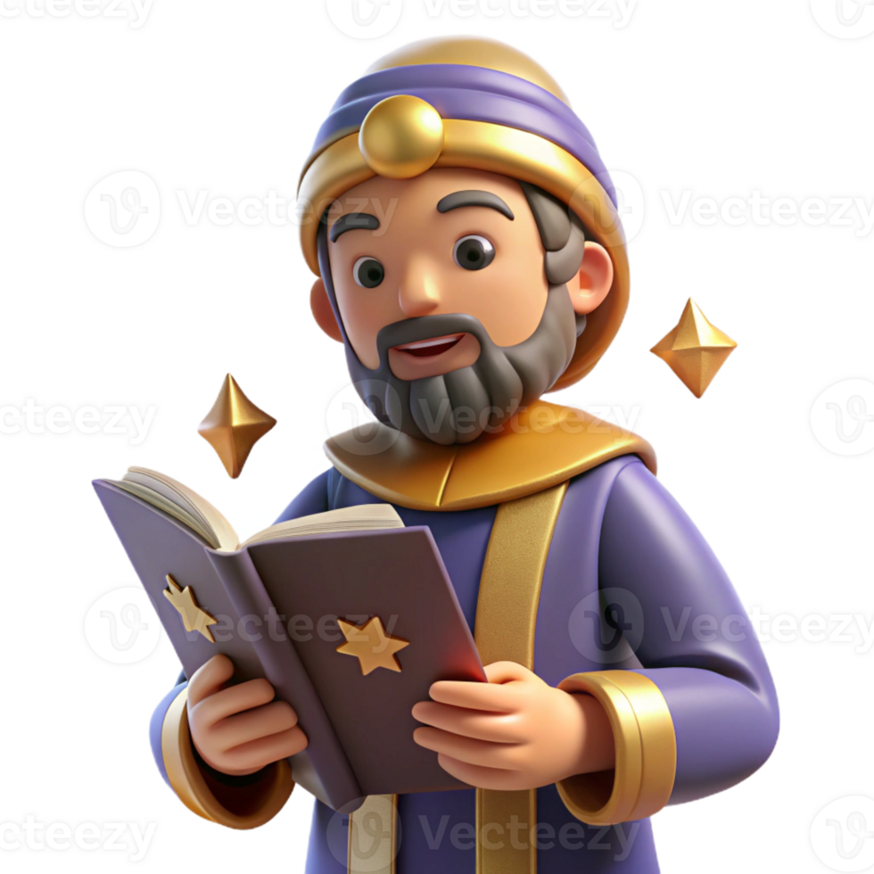 beautiful abstract 3D Cartoon Wise Man Reading Book Illustration original png