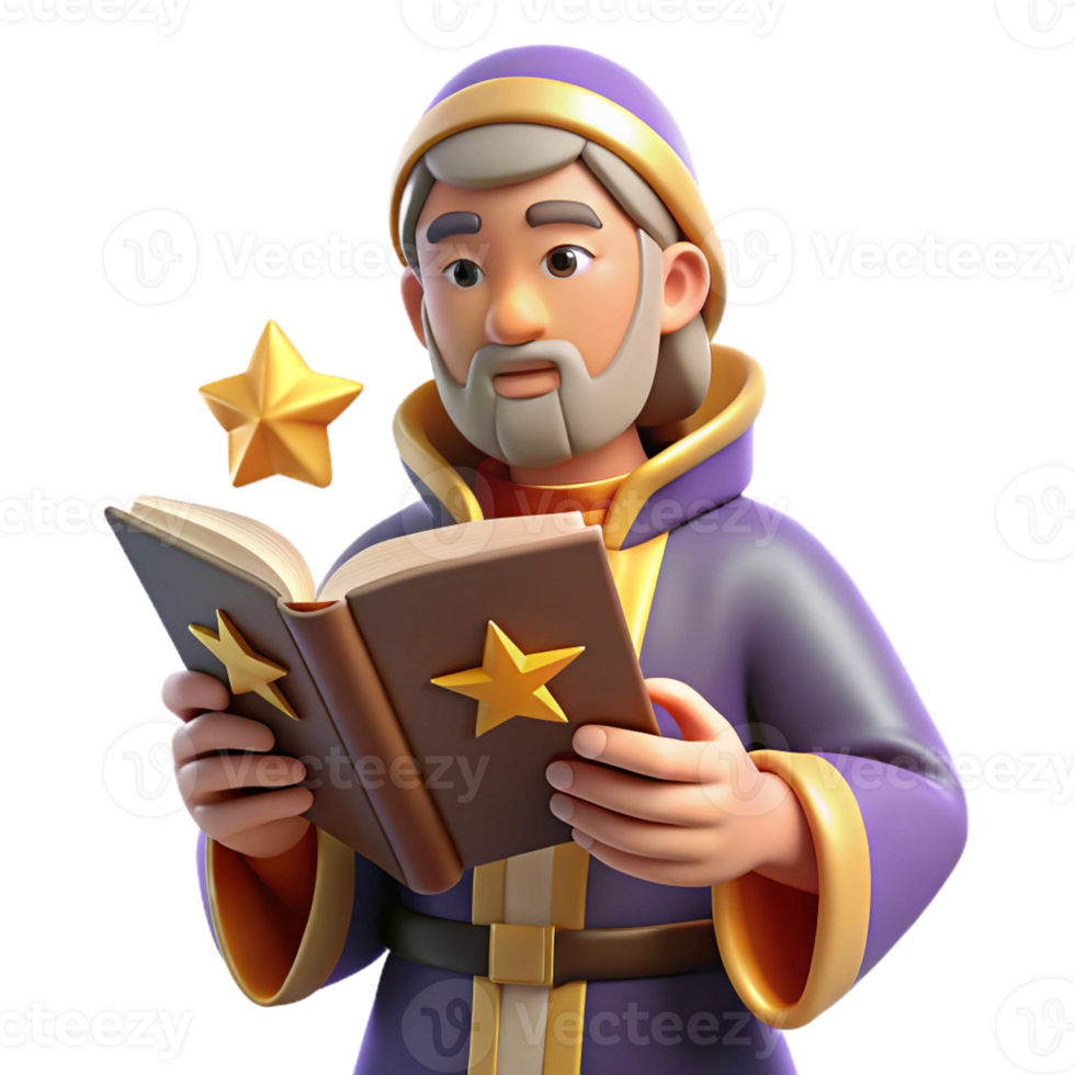 serene rustic 3D Render Wizard Reading Book professional png
