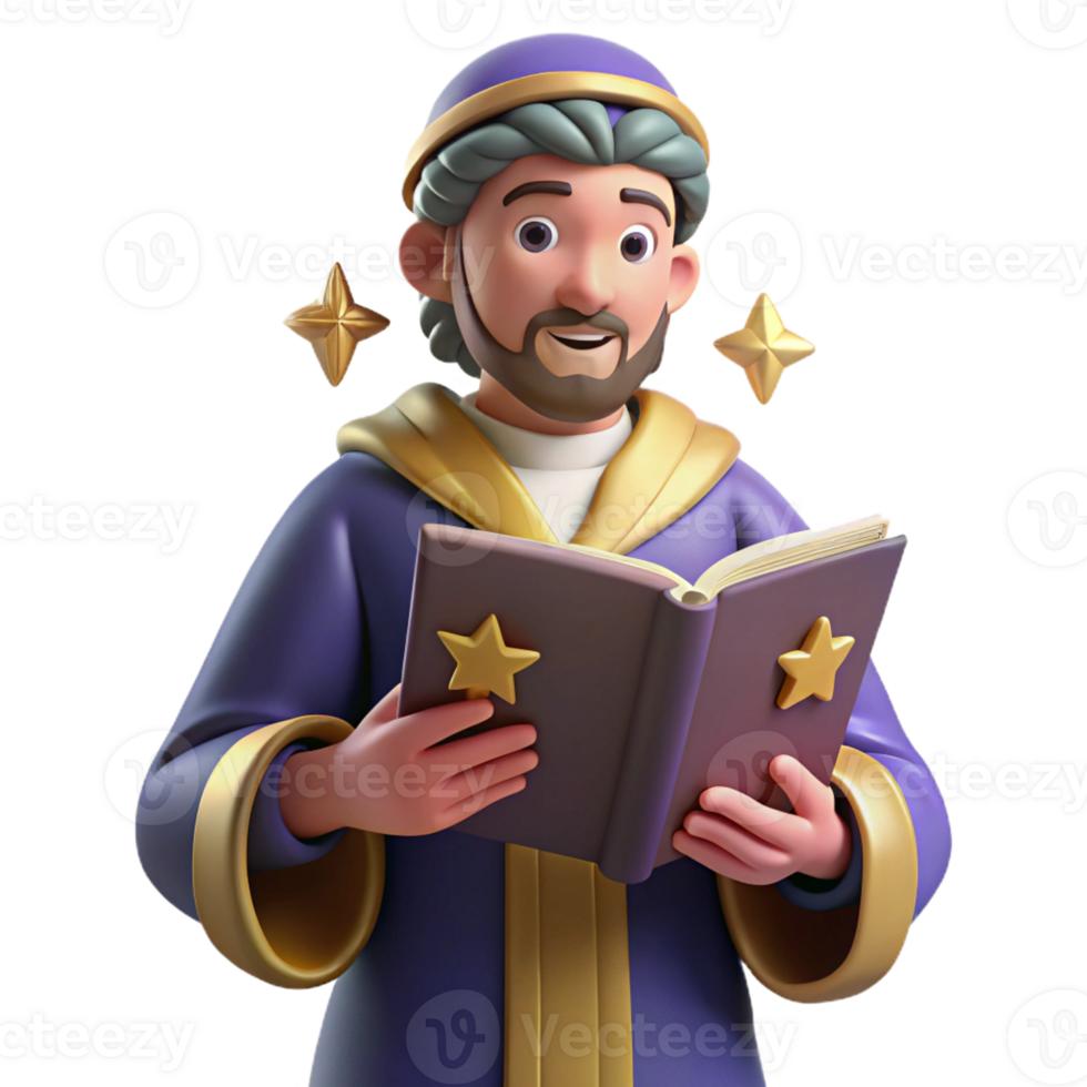wonderful creative 3D Illustration Wise Wizard Reading Book high resolution png