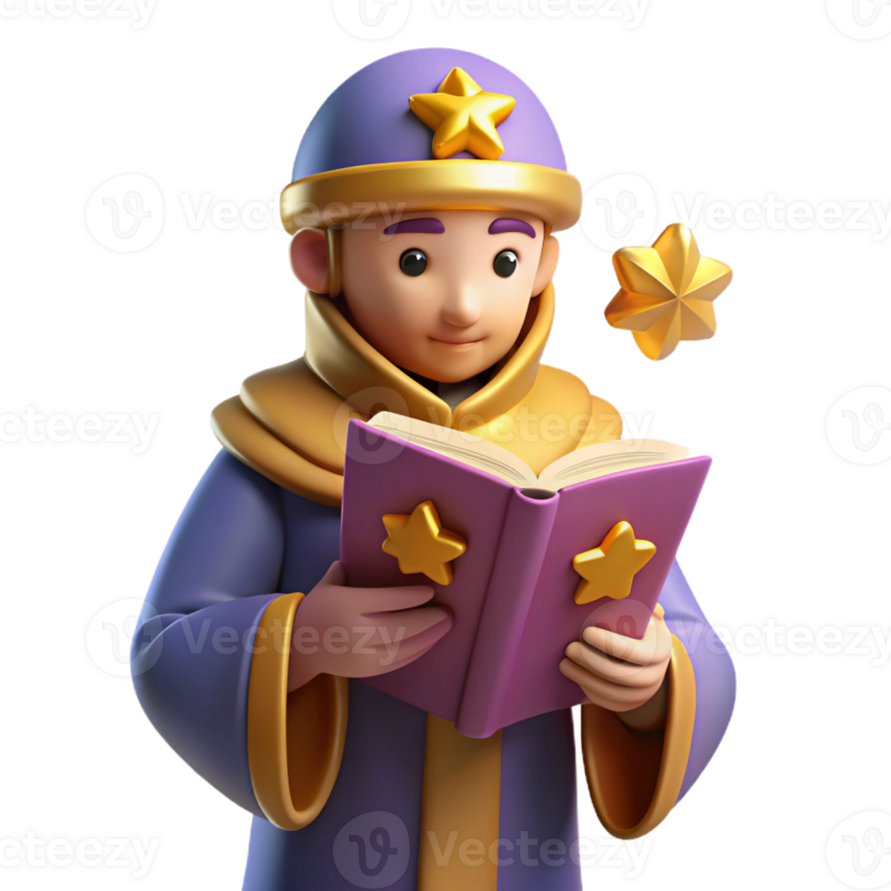 dramatic minimalist 3D Render of a Wizard Reading a Magical Book premium png