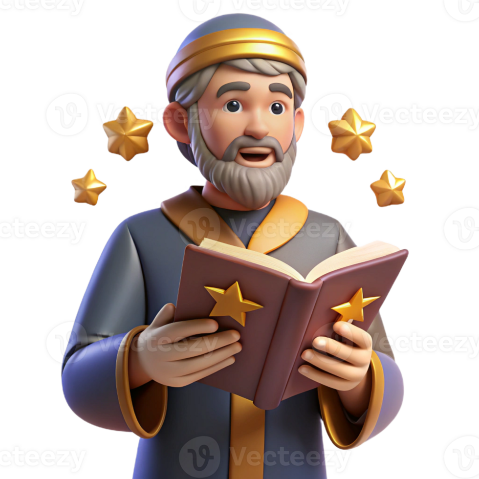 wonderful creative Wise Man 3D Illustration Reading Book with Stars authentic png