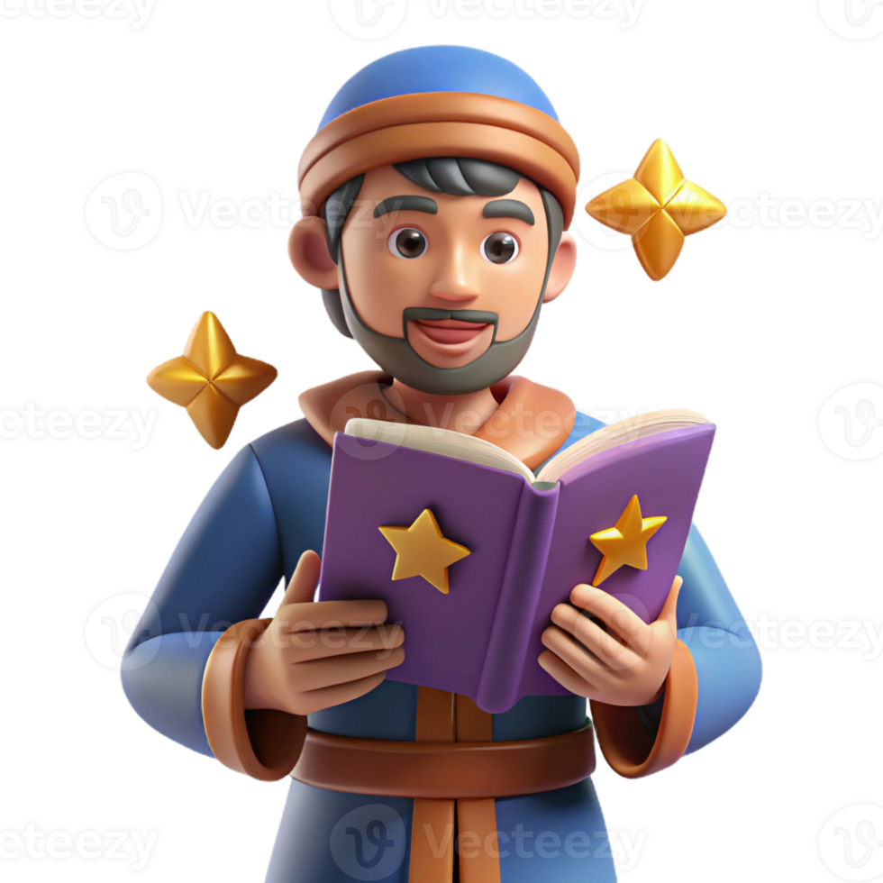 vibrant minimalist 3D Render Cartoon Wizard Reading Book high resolution png