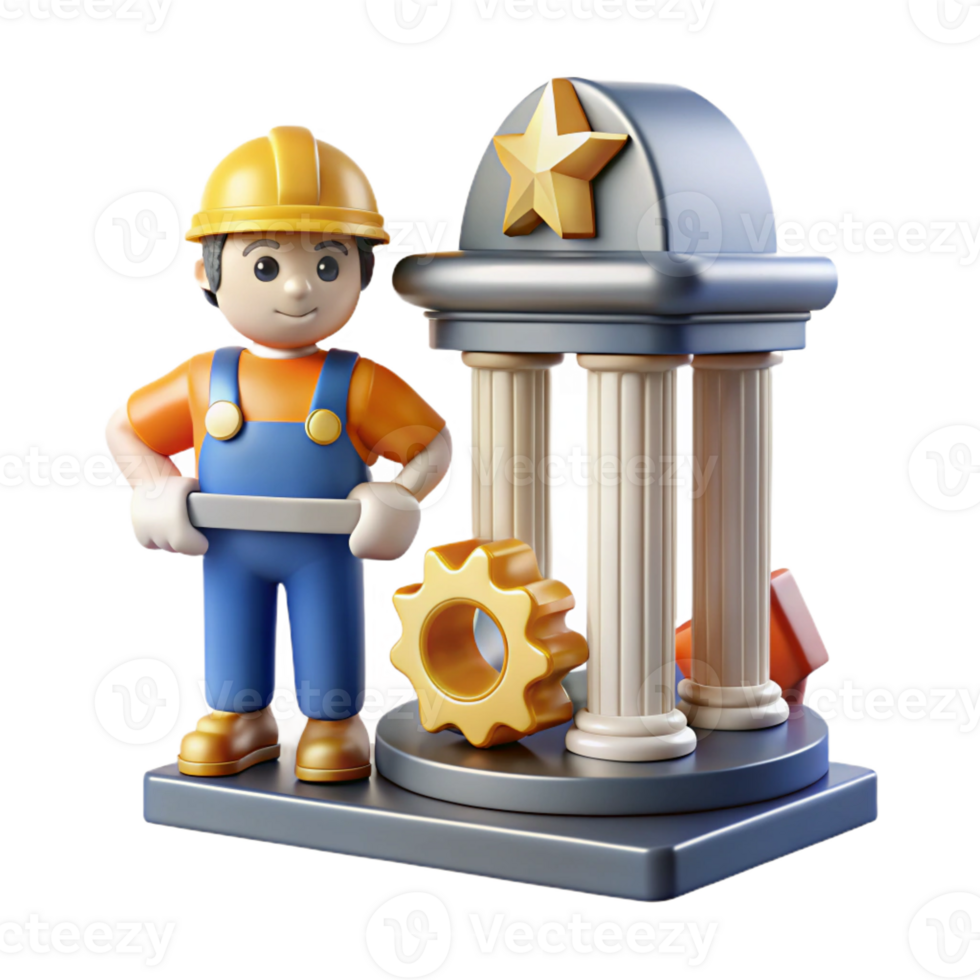 beautiful contemporary 3D Illustration Worker and Gear near Classic Columns exclusive png