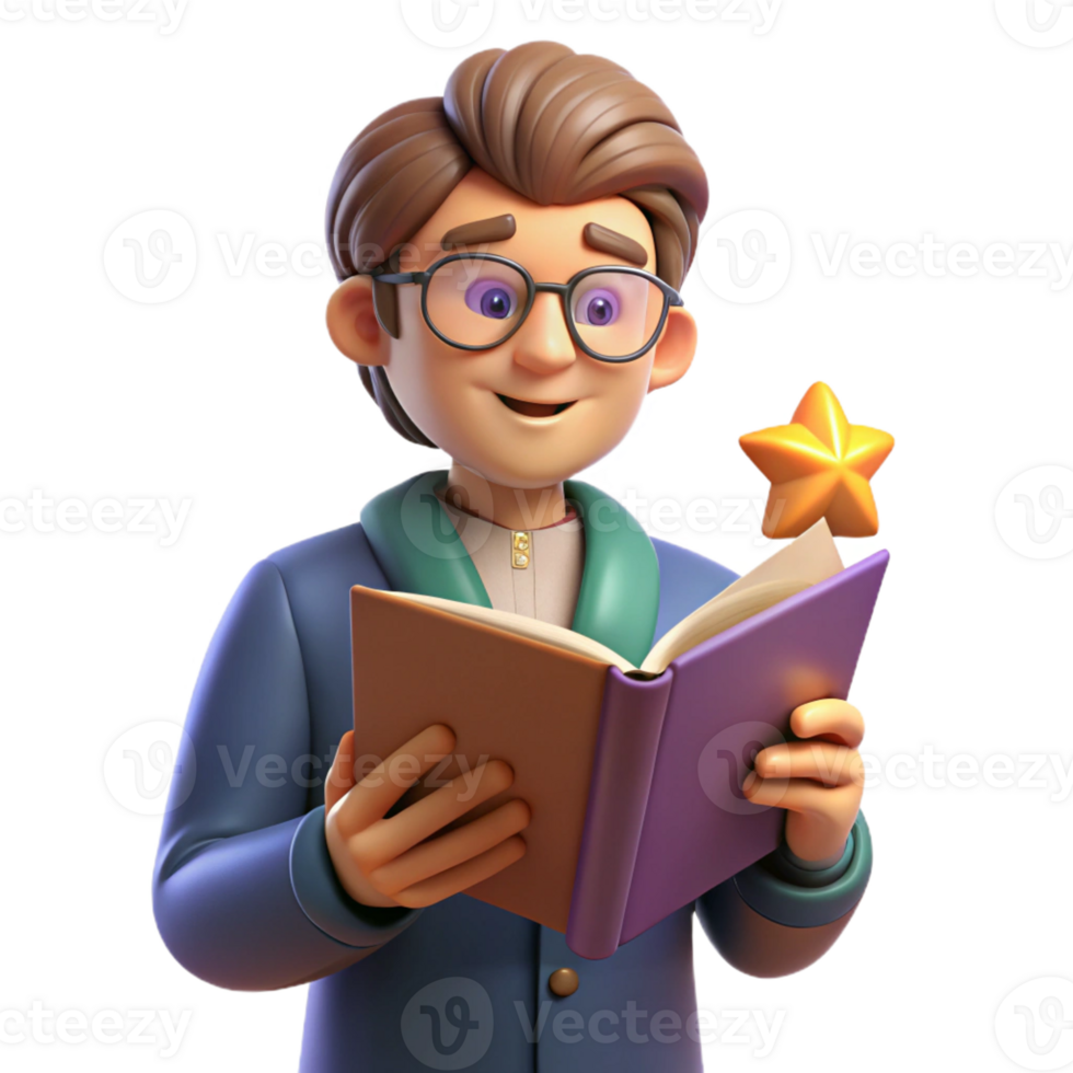 extraordinary creative 3D Illustration Man Reading Book with Star high resolution png