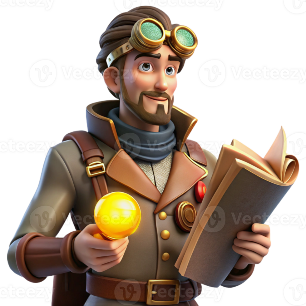 stunning vintage 3D Illustration Adventurer with Book and Orb exclusive png