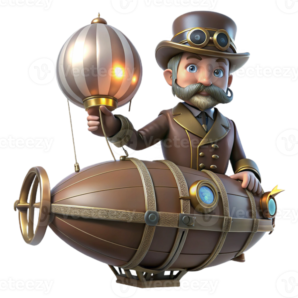 elegant traditional Steampunk Gentleman in Dirigible 3D Render authentic png