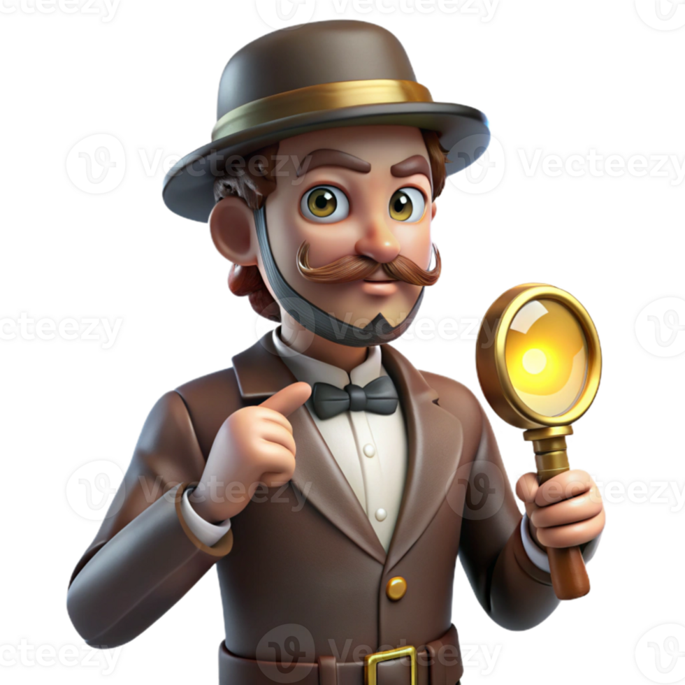 serene rustic 3D Cartoon Detective with Magnifying Glass high quality png
