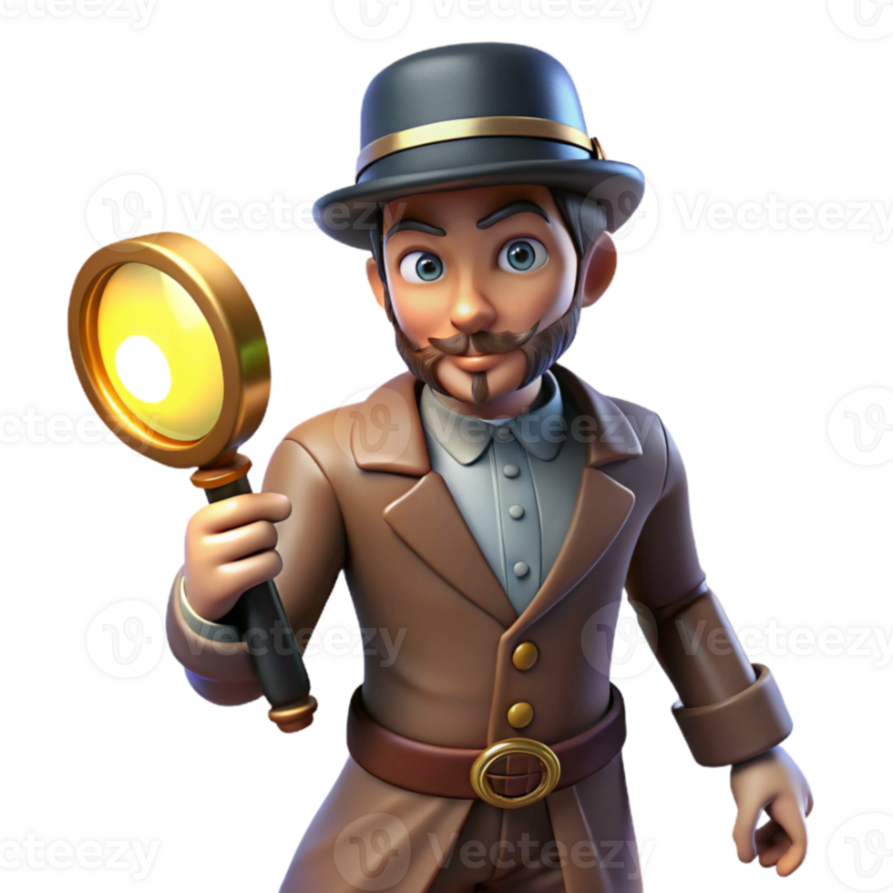 impressive modern 3D Cartoon Detective with Magnifying Glass 4K png