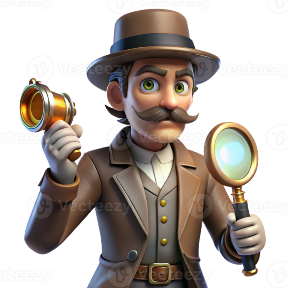 impressive modern 3D Cartoon Detective with Magnifying Glass high resolution png