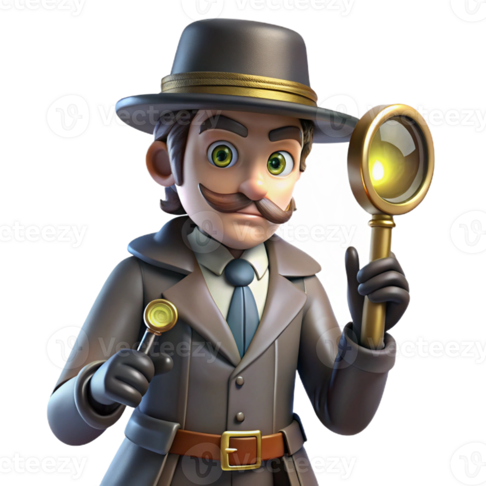 beautiful minimalist 3D Cartoon Detective with Magnifying Glass authentic png
