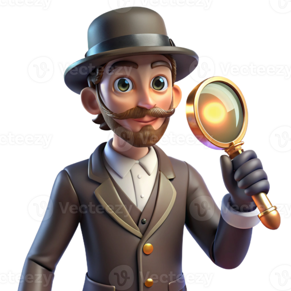 vibrant creative 3D Cartoon Detective with Magnifying Glass high resolution png