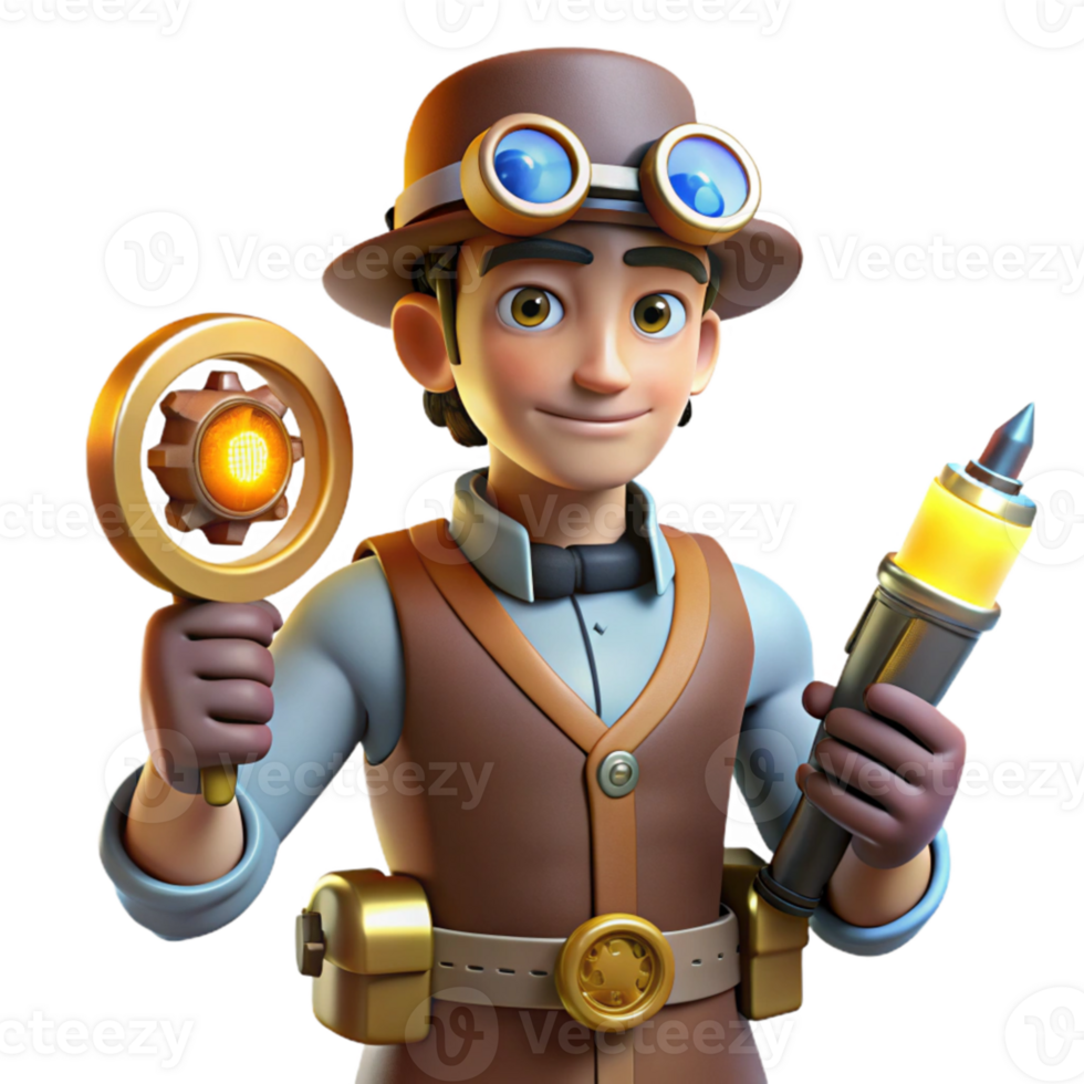 vibrant vintage 3D Illustration Young Inventor Steampunk Gear 4K png