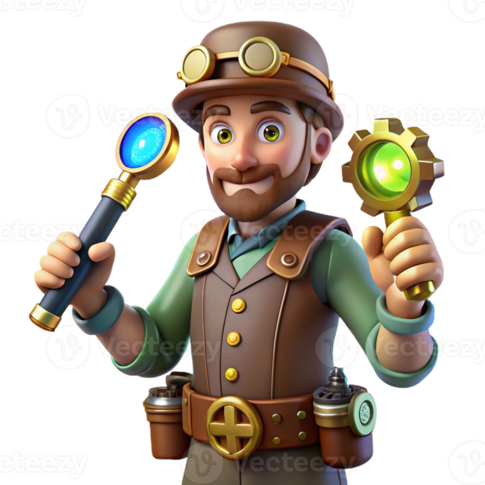 elegant rustic Steampunk Inventor 3D Render exclusive png