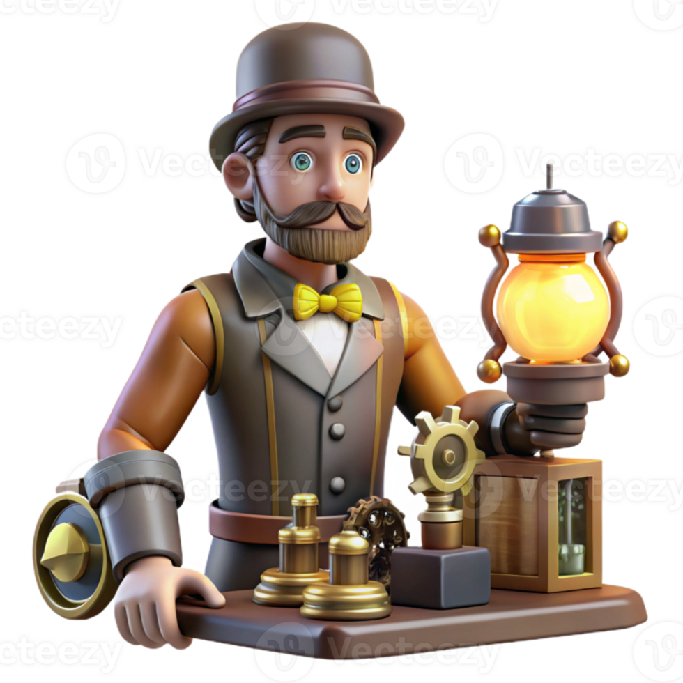 magnificent contemporary Steampunk Inventor 3D Illustration high resolution png