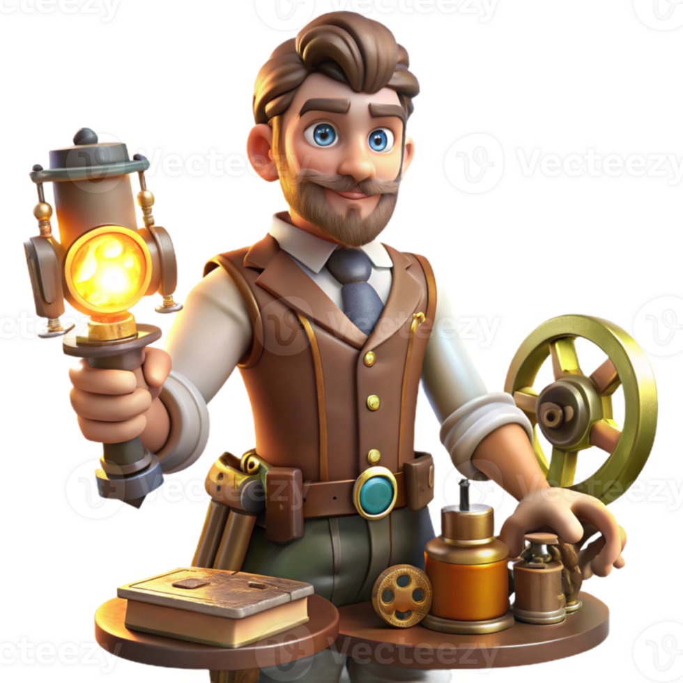 vibrant modern Steampunk Inventor 3D Illustration authentic png