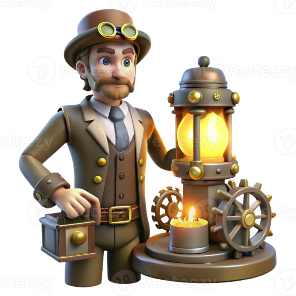 elegant traditional Steampunk Inventor 3D Render authentic png