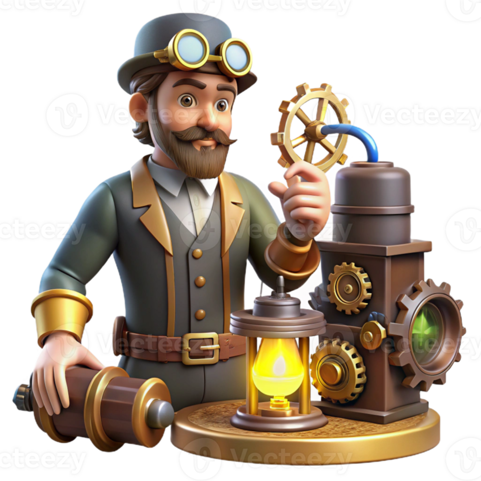 extraordinary minimalist Steampunk Inventor 3D Illustration authentic png