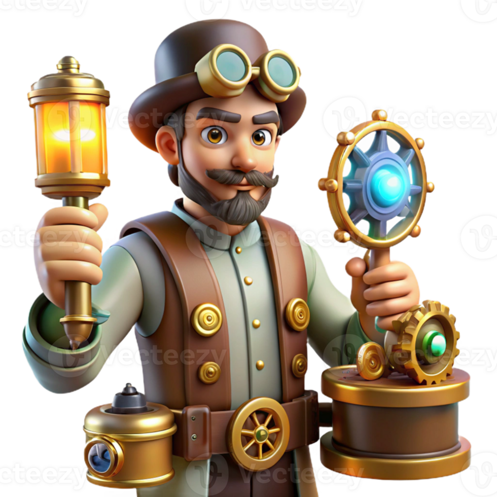 serene rustic Steampunk Inventor 3D Render authentic png