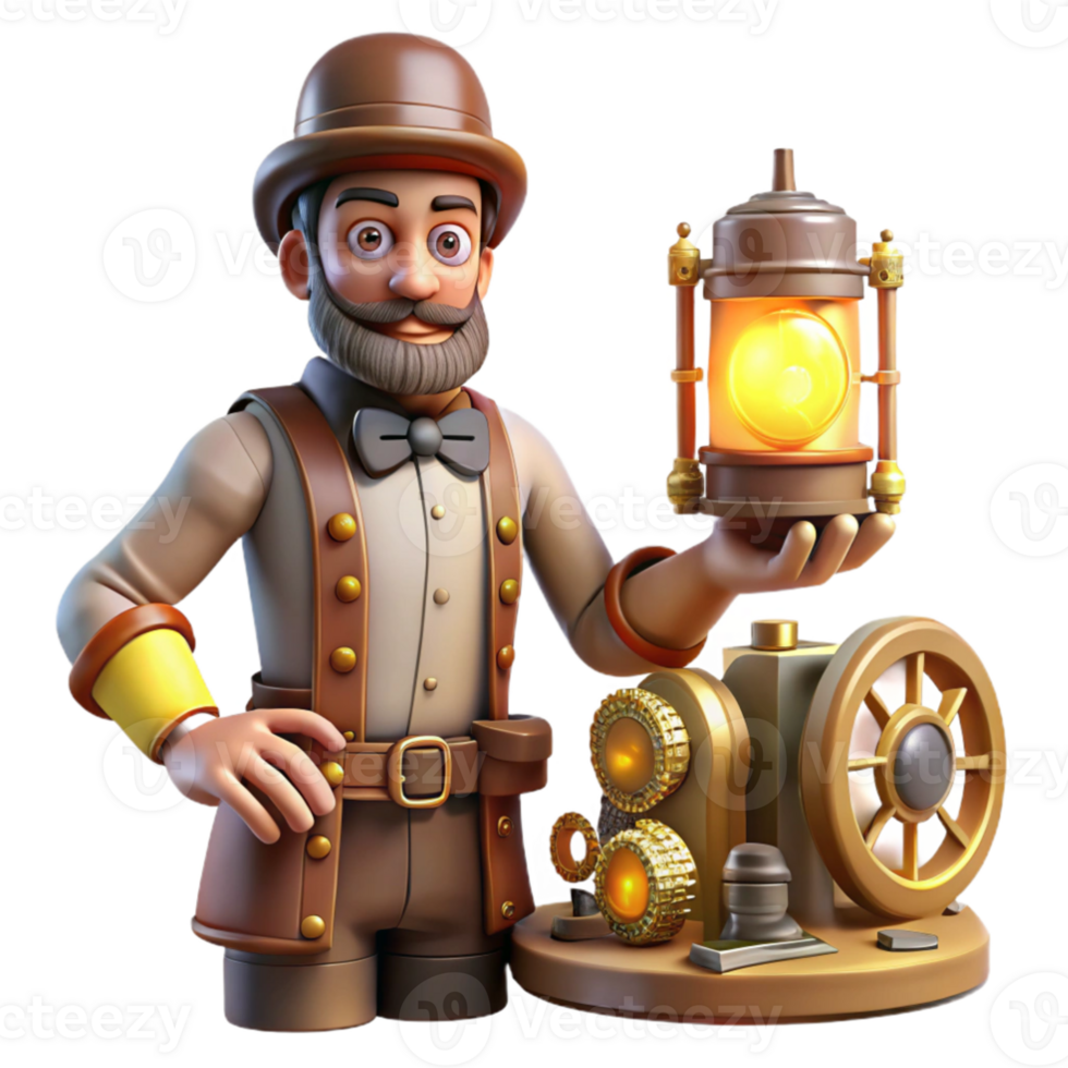 stunning abstract Steampunk Inventor 3D Render detailed png
