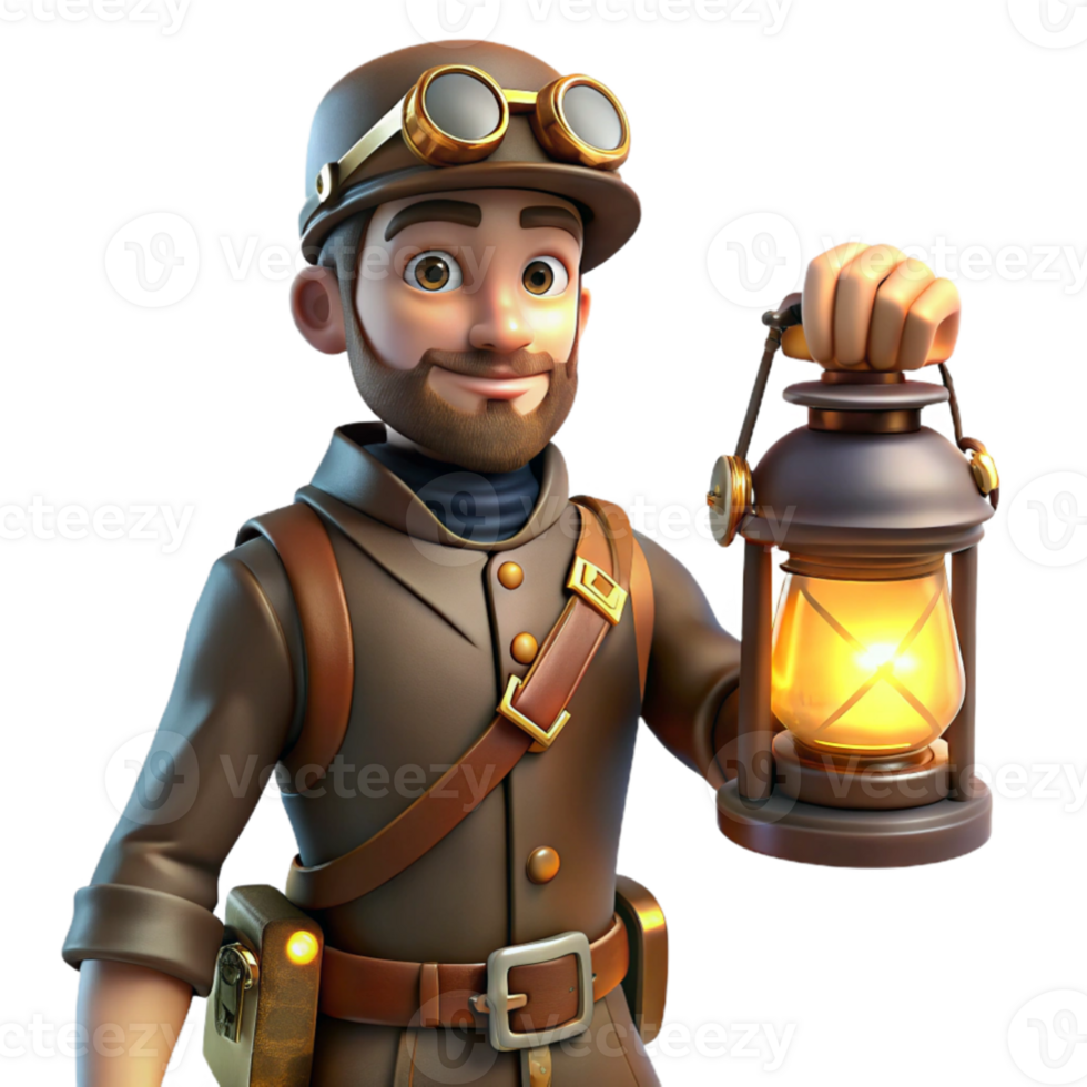 serene rustic 3D Illustration Adventurer with Lantern high quality png