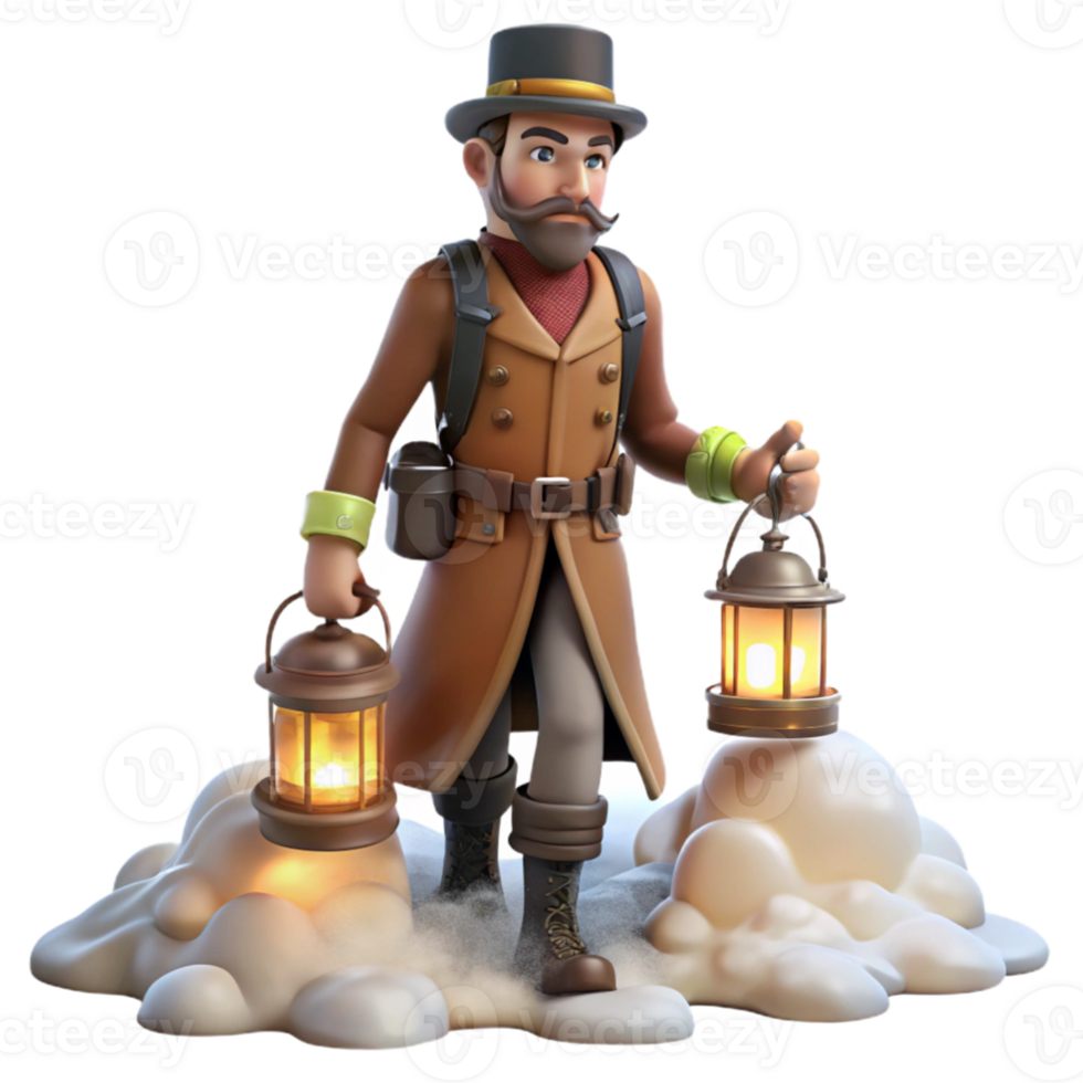 impressive classic 3D Illustration Adventurer with Lanterns on Clouds exclusive png