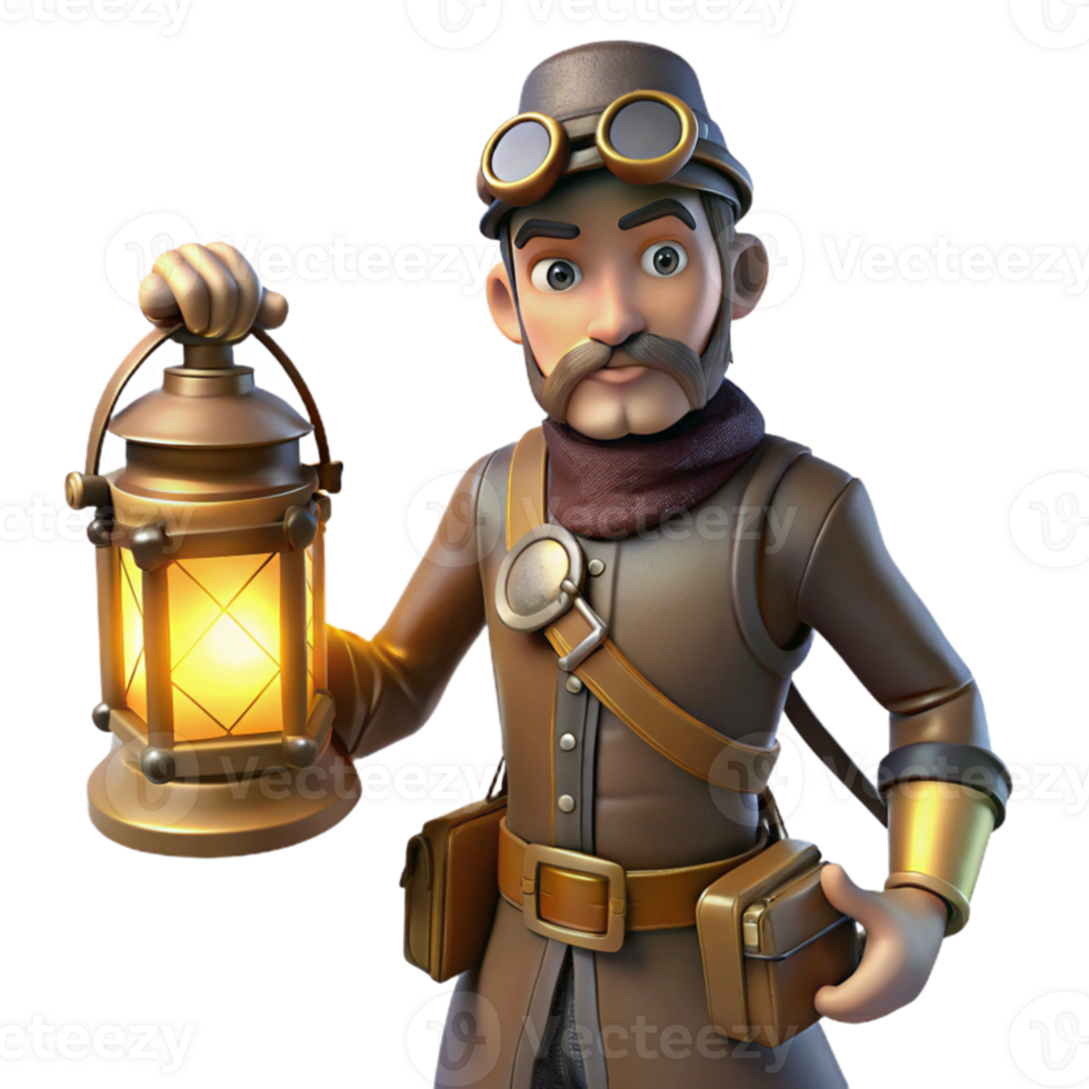 serene rustic 3D Cartoon Explorer with Lantern high resolution png