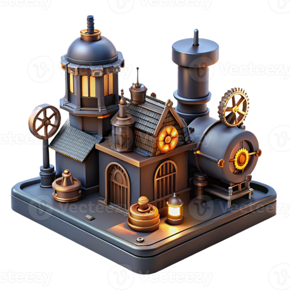 dramatic rustic Steampunk Factory 3D Illustration high resolution png