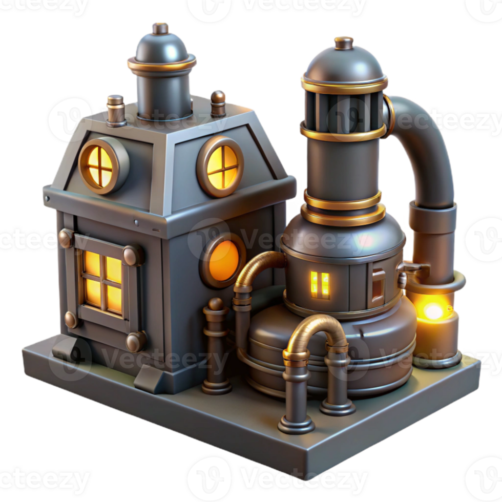 dramatic traditional 3D Render of Steampunk Factory high quality png