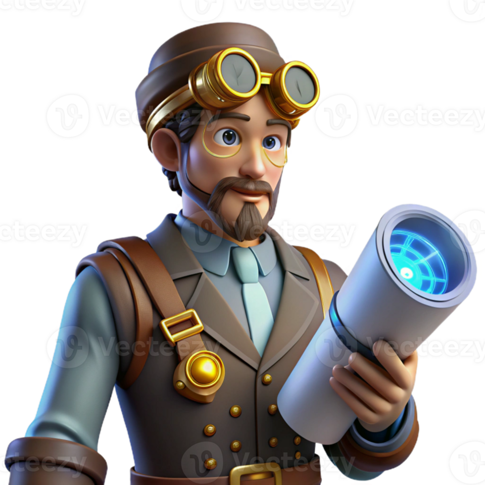 impressive modern 3D Render of a Steampunk Inventor 4K png