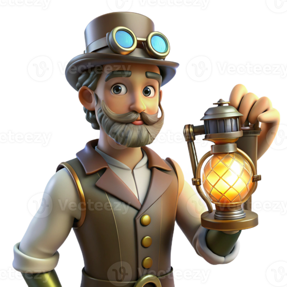 impressive vintage 3D Cartoon Inventor with Lantern Illustration premium png