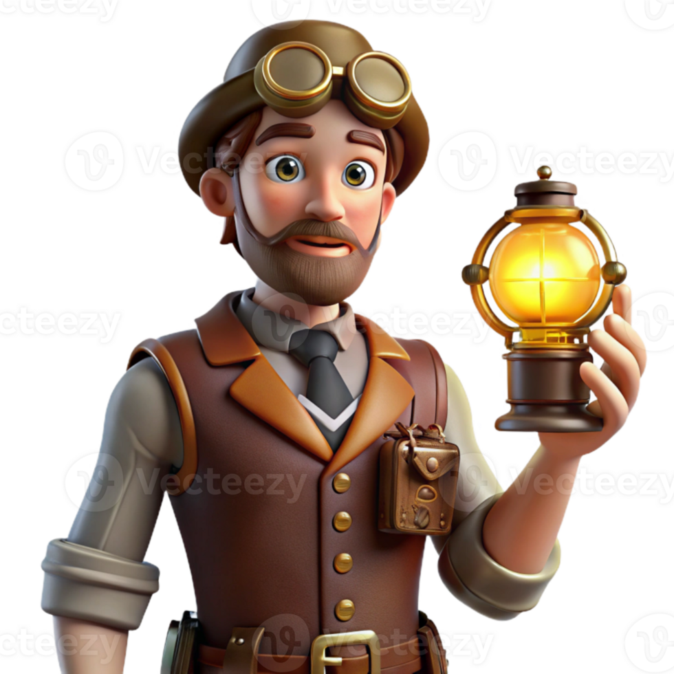 stunning modern 3D Cartoon Explorer with Lantern premium png