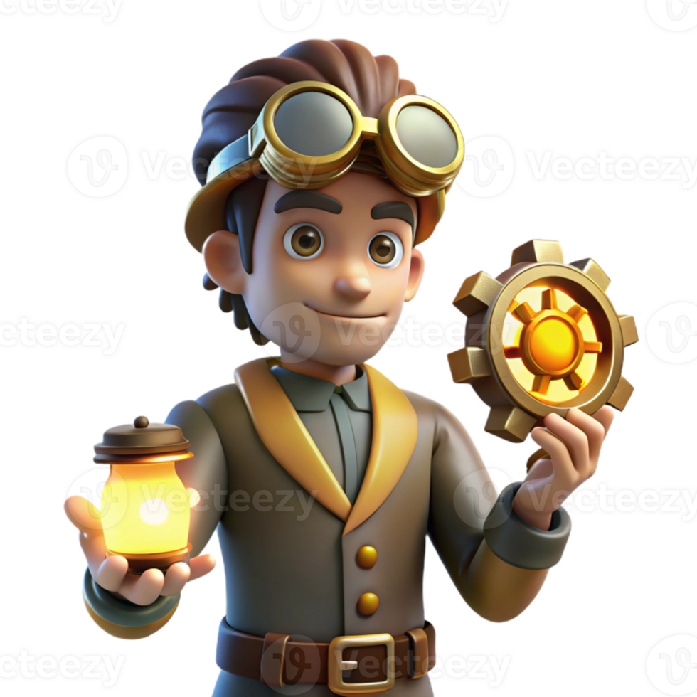 dramatic contemporary 3D Render Young Inventor with Gear exclusive png