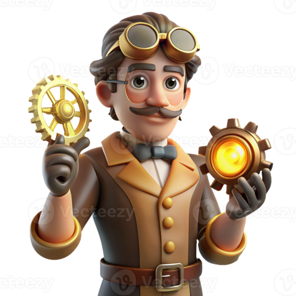 vibrant creative 3D Illustration Steampunk Inventor with Gears original png